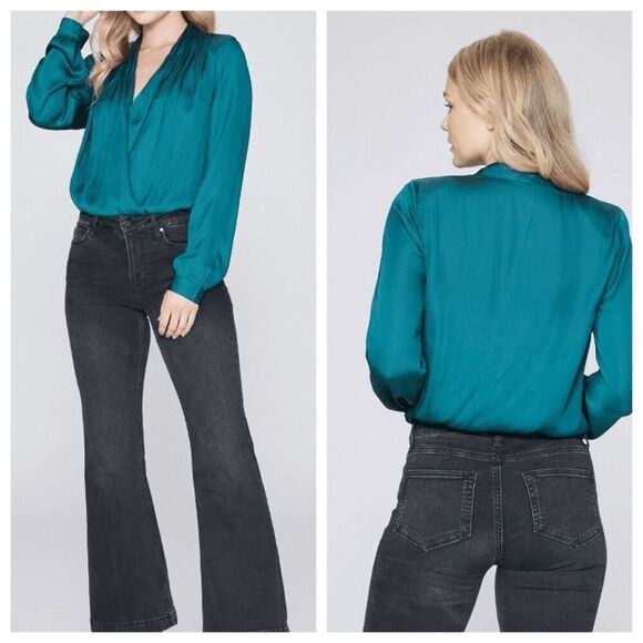 Paige Sevilla  Drapey Sleeve Crossover V-Neck Long Sleeve Bodysuit‎ Green XS - Picture 1 of 16